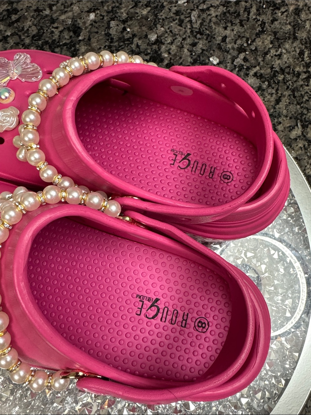 Rouge Helium Fuchsia Jeweled Pearl-Trim Clog Slides NWOT - Picture 2 of 10